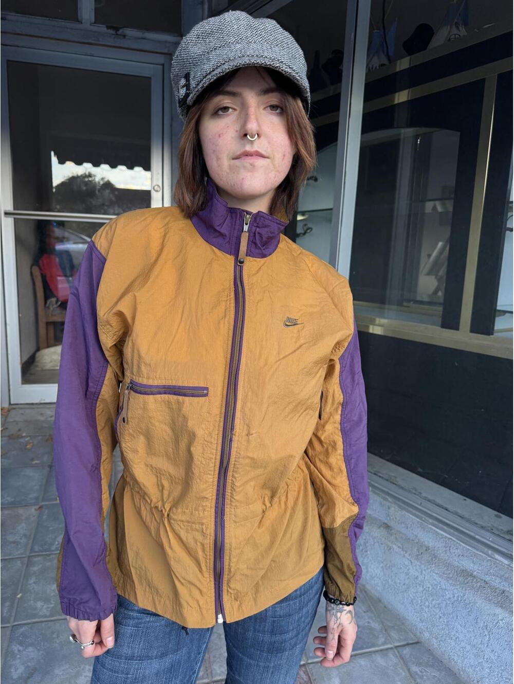 Vintage 90s Nike Style Colorblock Windbreaker Jacket Mustard Purple M - Picture 2 of 8